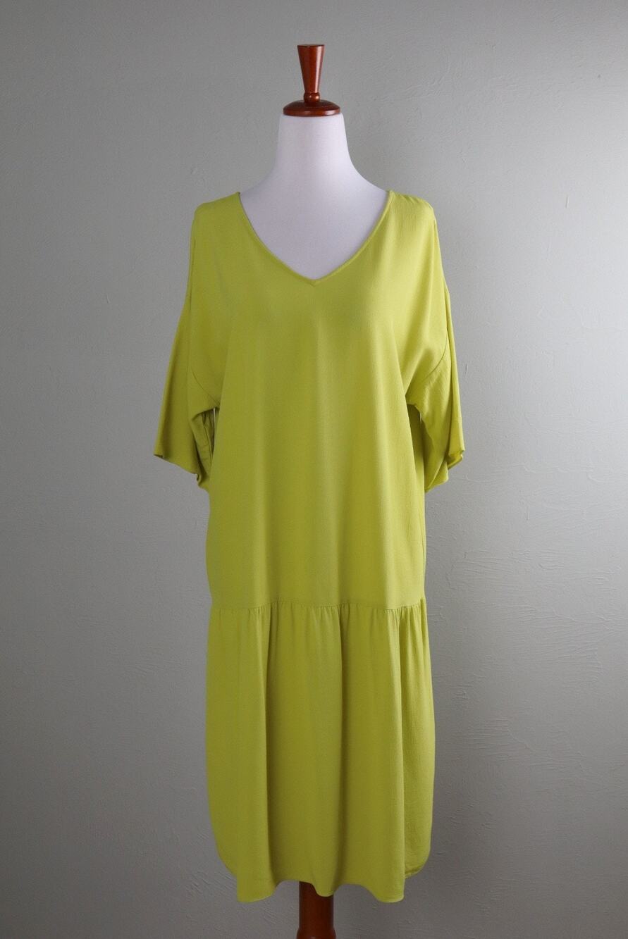 EILEEN FISHER Solid Chartreuse V Neck Front Back Flounce Dress Size Small